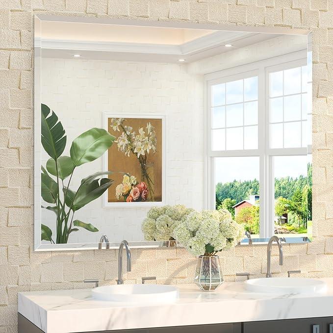 TETOTE 48" x 36" Large Mirror with Frameless Tempered Beveled Edge for Vanity and Bathroom - ModernBath