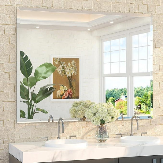 TETOTE 48" x 36" Large Mirror with Frameless Tempered Beveled Edge for Vanity and Bathroom - ModernBath