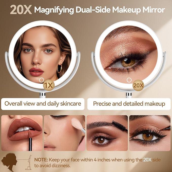 Shinowa Makeup Mirror with Lights, 1X/20X Lighted Magnifying Mirror with Storage for Makeup & Jewelry, 2-Sided Height Adjustable Vanity Mirror with 3 Color Lights, 360° Rotation & Rechargeable, White - ModernBath