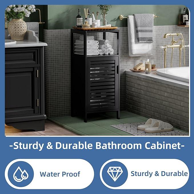 HITNET Bamboo Floor Cabinet, Small Bathroom Cabinet Floor Standing, 4 Tier Narrow Side Storage Cabinet, Space Saving Kitchen Cupboard with Single Door, Black - ModernBath