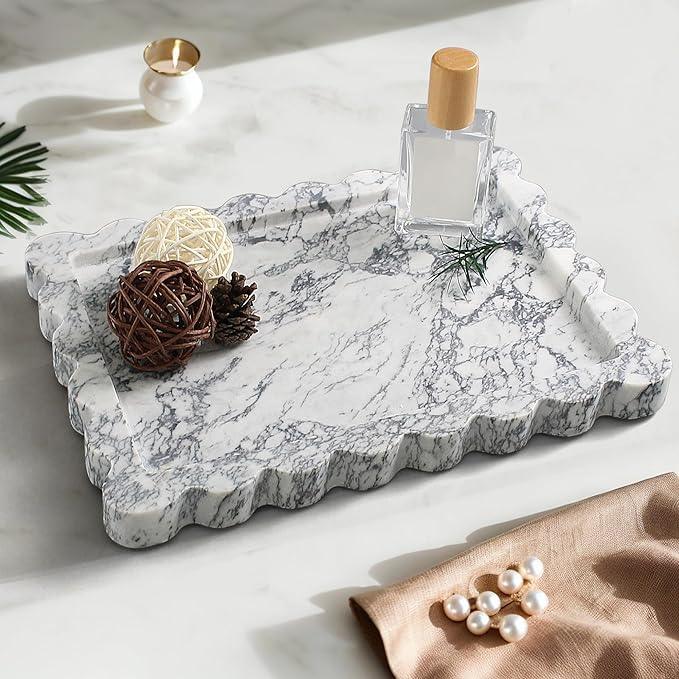 YMXYJM Genuine Scalloped Marble Tray, Real Natural Marble Stone Tray, Luxury Decorative Trays for Bathroom, Dresser, Vanity, Kitchen, Home Decor, 10.6" x 8", Calacatta Gray - ModernBath