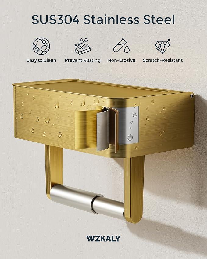 Toilet Paper Holder with Shelf, Wipes Holder for Bathroom, Flushable Wipes Dispenser, Stainless Steel Toilet Paper Roll Holder with Storage for Wet Wipes Wall Mounted (Gold, Regular Roll) - ModernBath
