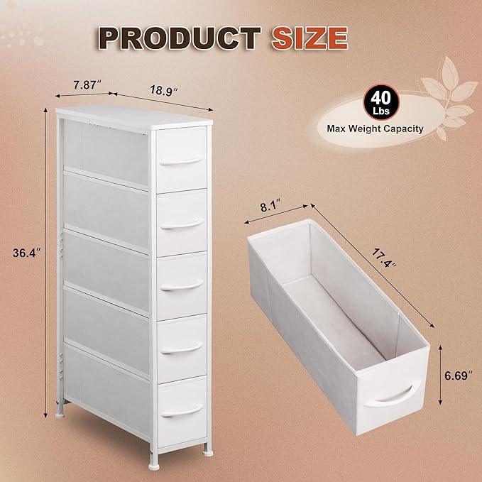Narrow Dresser Storage Tower with 5 Drawers, Slim Dresser Chest of Drawers with Steel Frame, Wood Top, Dresser for Bedroom, Bathroom, Small Spaces, Laundry, Closet, White - ModernBath