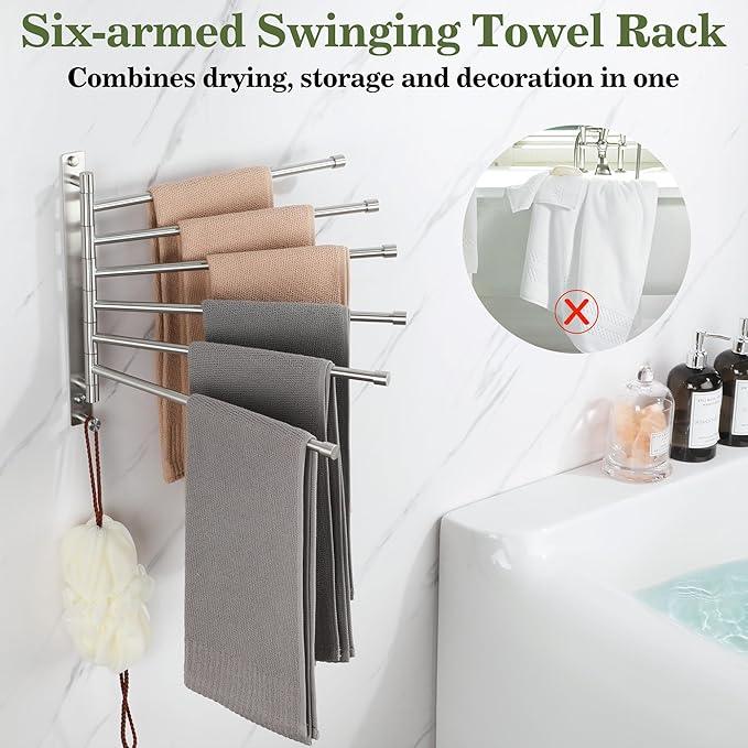 Alise Swivel Towel Rack, SUS304 Stainless Steel 6 Arms Towel Bar, Space Saving Swing Out Towel Bar with Hook, Towel Racks Wall Mounted for Bathroom, Brushed Nickel - ModernBath
