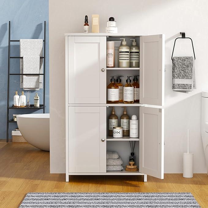 Vongrasig Bathroom Storage Cabinet, Small Bathroom Floor Cabinet with 4 Doors and Adjustable Shelves, Freestanding Modern Cabinet for Entryway, White - ModernBath