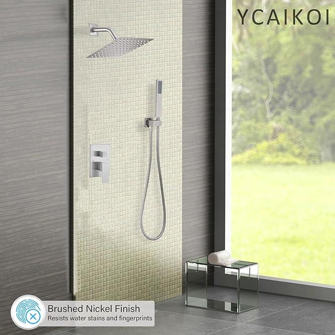 YCAIKOI Brushed Nickel Shower System, 8 Inch High Pressure Rain Shower with Handheld, Wall Mount Shower Faucet Set for Bathroom, Rough-in Valve Body and Trim Included - ModernBath