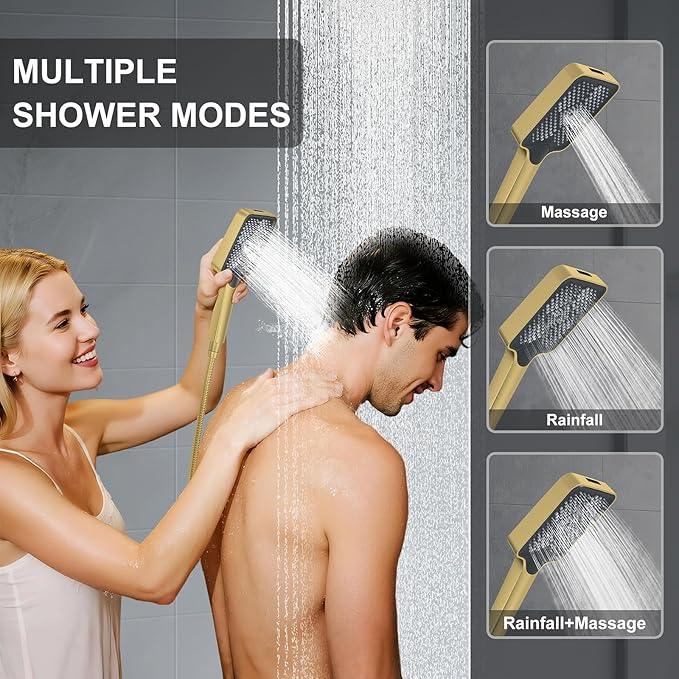 Thermostatic Shower System 13-Inch Rainfall Shower Head - 3 Setting Handheld Sprayer, Complete Bathroom Set with Faucet Mixer Trim Kit & Valve Brushed Gold - ModernBath
