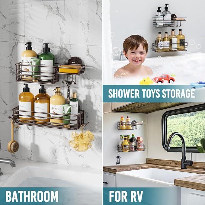 TAILI Shower Caddy Suction Cup 2 Pack with Hooks & Soap Holder, No Drilling Bathroom Organizer with Large Capacity, Heavy Duty Shower Organizer for Bathroom,Metal Storage Basket-Brown - ModernBath