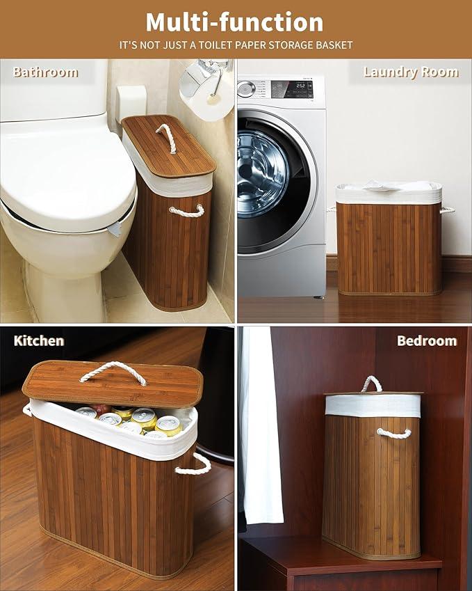 Bamboo Toilet Paper Storage with Lid & Handel, 8 Gallons (30L), Sturdy Toilet Paper Basket, Organizer for Bathroom, Kitchen, Holder with Storage, Walnut - ModernBath