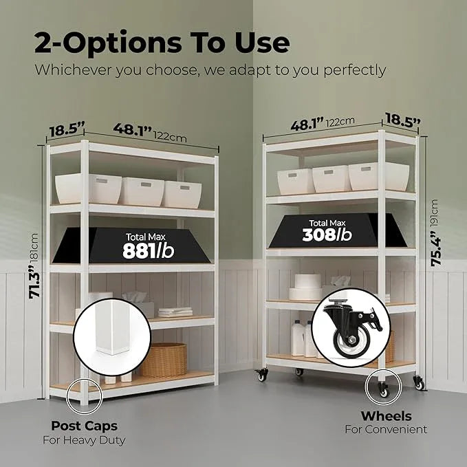 HOMEDANT House 5-Tier Metal Rolling Cart Shelf Rack Casters Heavy Duty Laminated Wheel Shelving Unit Adjustable Utility Storage Shelves Organizer Shelf Kitchen Garage (4, (L) 48.1" W, White) - ModernBath