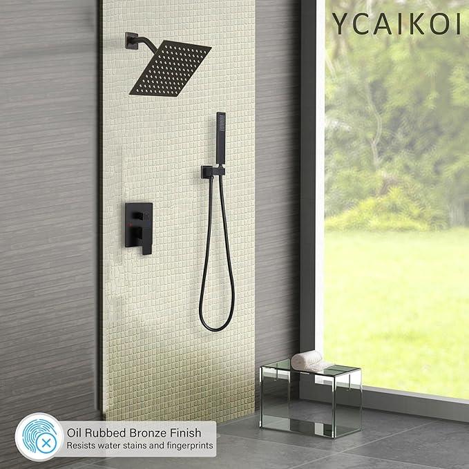 YCAIKOI Oil Rubbed Bronze Shower System, 8 Inch High Pressure Rain Shower with Handheld, Wall Mount Shower Faucet Set for Bathroom, Rough-in Valve Body and Trim Included - ModernBath