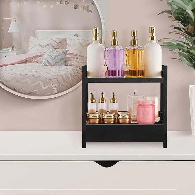 Sorbus Bamboo Bathroom Counter Organizer – 2-Tier Shelf with Hidden Drawer for Vanity, Matcha Station, Bathroom Sink Organizer Countertop, Kitchen & Office Storage (13″ L x 6.5″ W x 12.6″ H) (Black) - ModernBath