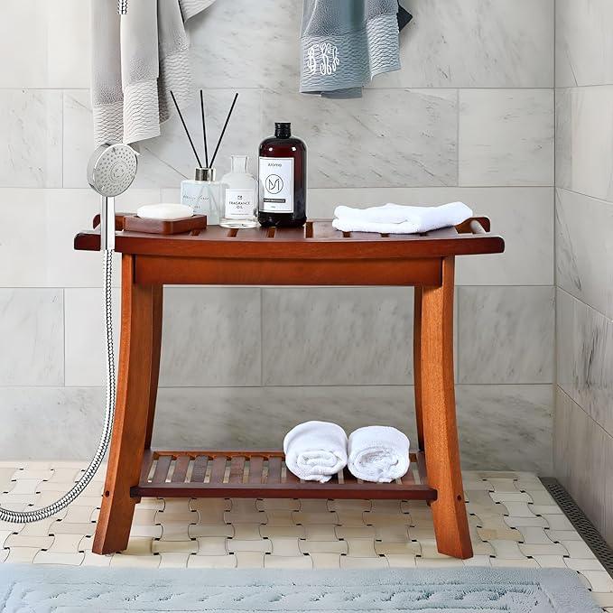 Teak Shower Chair Stool, 24" Shower Bench Seat, Wooden Bathroom Bench with Storage Shelf for Indoor & Outdoor Use,Walnut - ModernBath