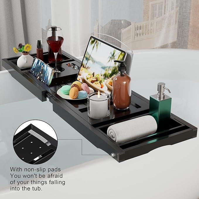Bathtub Caddy Tray for Tub,Foldable Bath Table Trays,Bamboo Shelf with Book and Wine Glass Holder,Bathroom Accessories Suitable for Luxury Spa or Reading,Black - ModernBath