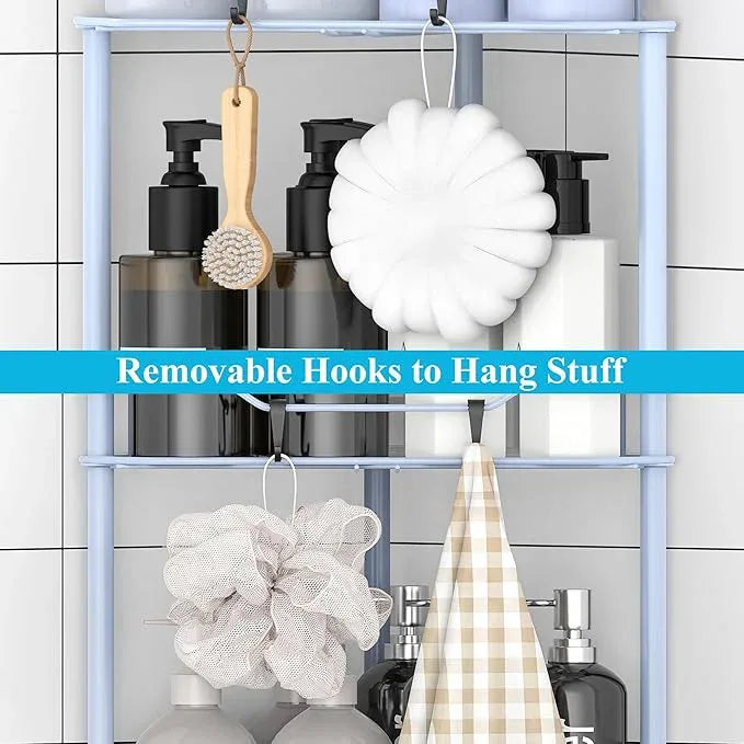 3 Tier Floor Standing Corner Shower Caddy Organizer Shelf with Hooks, Bathroom Shelves Stand Rack, Blue - ModernBath