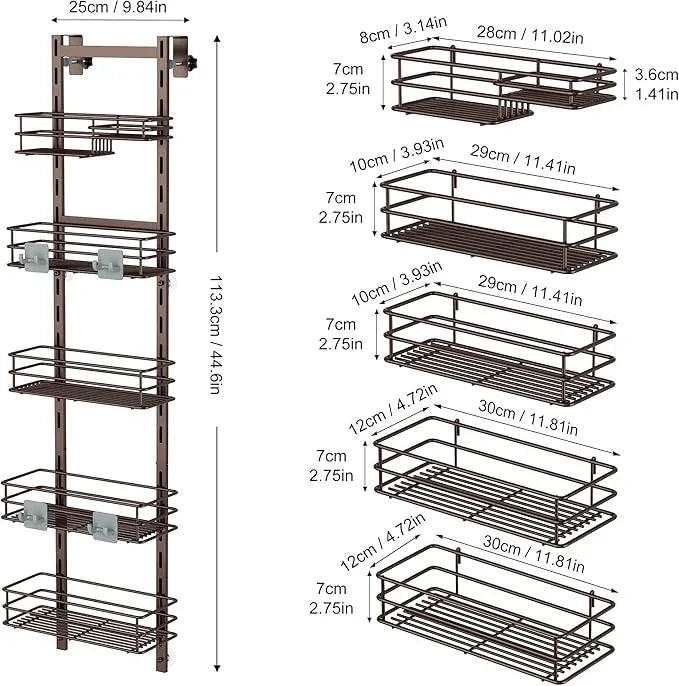 Orimade Over the Door Shower Caddy Adjustable 5 Tier Bronze,Bathroom Hanging Organizer Shelf Rustproof with 4 Hooks,Shower Basket with Soap Holder and Suction Cup - ModernBath