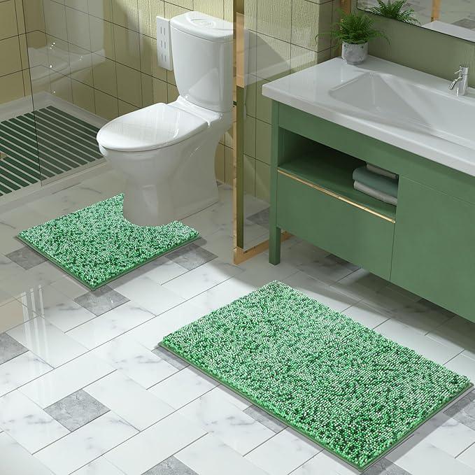 Yimobra Luxury Chenille U-Shaped Toilet Rug, Super Soft Shaggy Contour Bath Mat for Bathroom Floor, Fluffy, Water Absorbent, Non Slip, Machine Washable, Dry Quickly, 24''x 20'', Light Green & Green - ModernBath