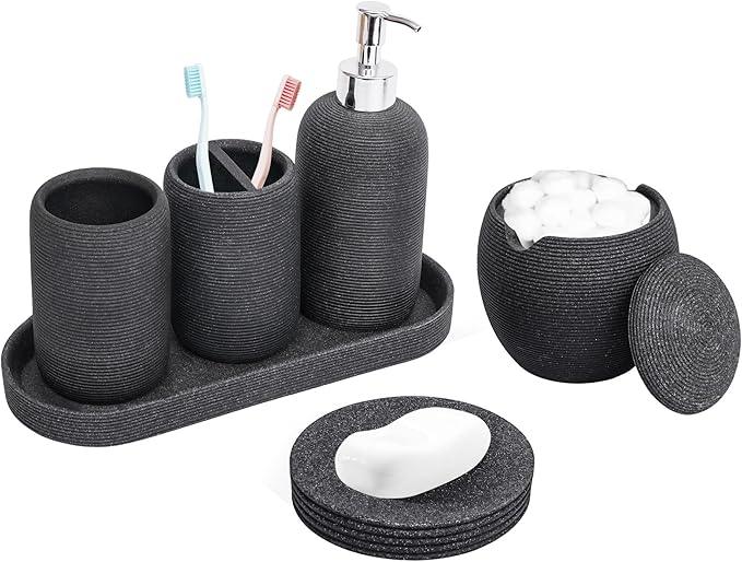 Resin Bathroom Accessory Set - 6PCS Bathroom Accessories Set, Bath Vanity Countertop Accessories with Soap Dish, Lotion Dispenser, Toothbrush Holder, Toothbrush Cup, Vantiy Tray, Qtip Holder (Black) - ModernBath