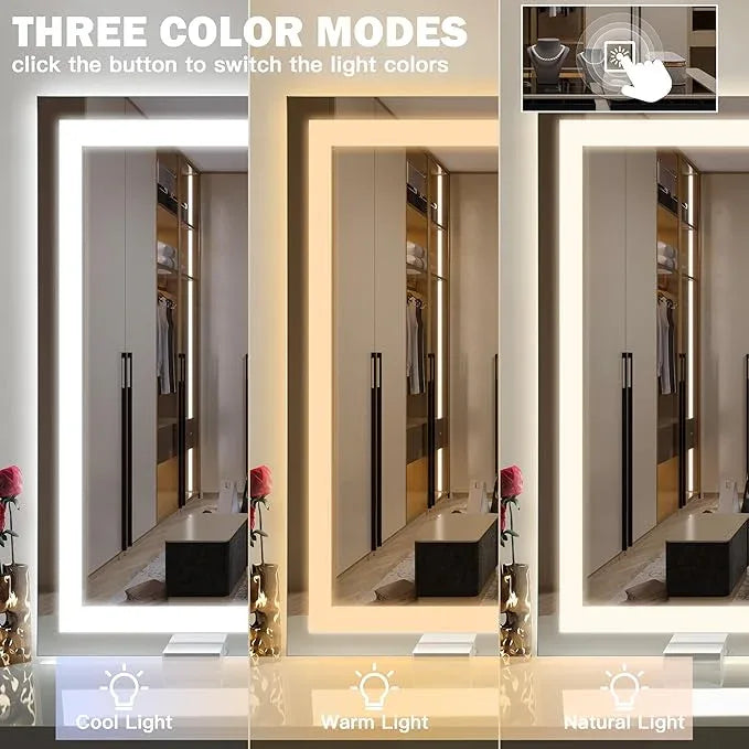 ROLOVE 40x28 Inch Lighted Vanity Mirror, 3-Color Lighting & Dimmable Modes, Large LED Makeup Mirror for Bathroom/Dressing Room (Wall/Tabletop Mount, White) - ModernBath
