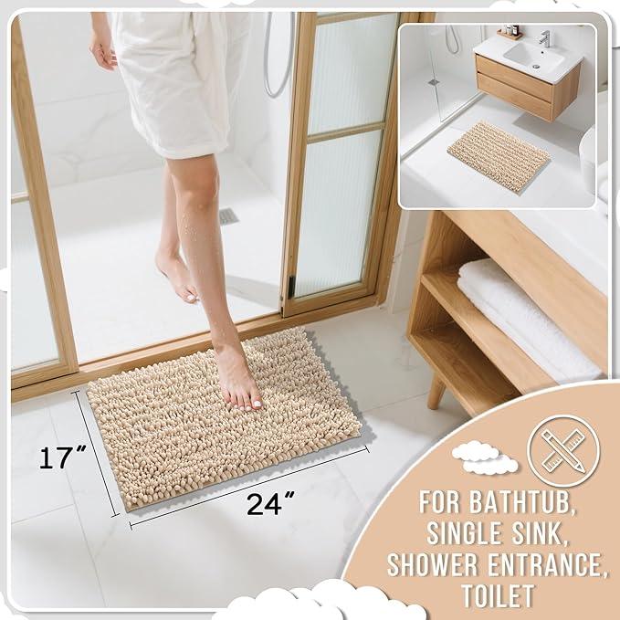 Yimobra Bathroom Rugs Non Slip Washable - Ultra Soft Absorbent Chenille Bath Mat, Quick Dry Shaggy Floor Carpet for Tub Shower, Light Brown Home Decor Accessories, 24x17 Inch - ModernBath