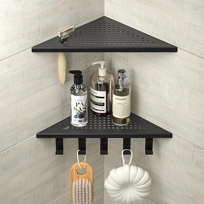 Grout in Shower Shelves with Hooks, 304 Stainless Steel Corner Bathroom Shelf for Tiled Wall (Matte Black, 10'' x 10'') - ModernBath