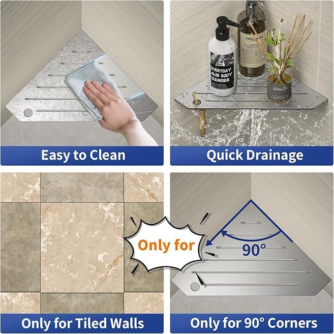 Corner Shower Shelves, Pentagonal Grout in Shelf w/Razor Holding Hole, 304 Stainless Steel Bathroom Shelf (Brushed) - ModernBath