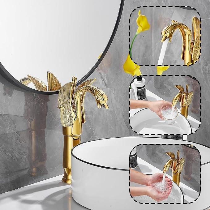 GGStudy Gold Swan Shape Single Handle One Hole Bathroom Vessel Sink Faucet Deck Mount Lavatory Sink Faucet - ModernBath