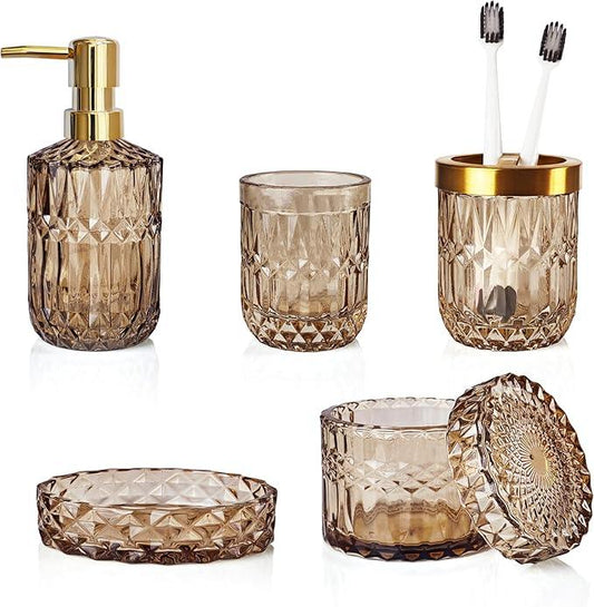 LaMarriti Brown Bathroom Accessories Set, 5Pcs Clear Glass Bathroom Accessories, Lotion Soap Dispenser, Toothbrush Holder Set, Soap Dish, Qtip Holder, Tumbler for Vintage Bathroom Decor, Gift Set - ModernBath