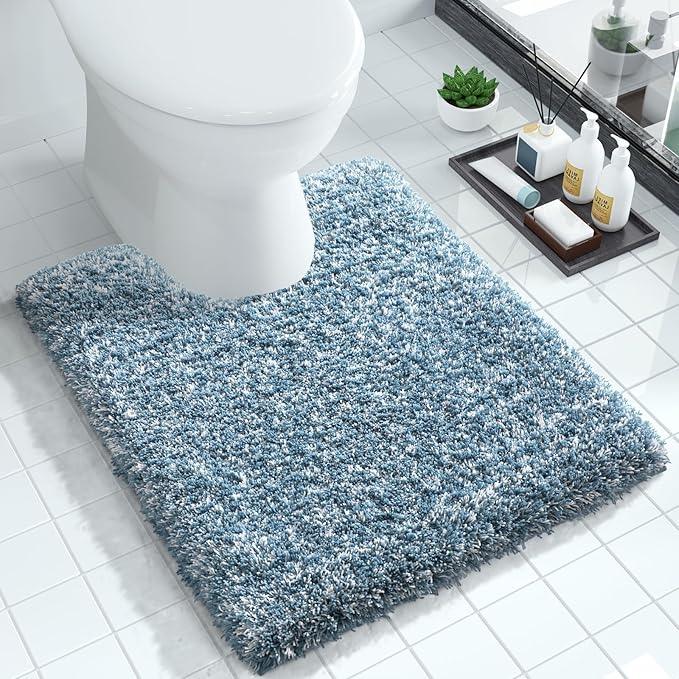 Yimobra Toilet Rugs U Shaped Washable 24x20, Ultra Soft and Water Absorbent Bath Mats, Non Slip Fluffy Shaggy Luxury Microfiber Contour Bath Rugs for Toilet, Dry Quick, Denim Blue and White - ModernBath