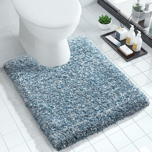 Yimobra Toilet Rugs U Shaped Washable 24x20, Ultra Soft and Water Absorbent Bath Mats, Non Slip Fluffy Shaggy Luxury Microfiber Contour Bath Rugs for Toilet, Dry Quick, Denim Blue and White - ModernBath