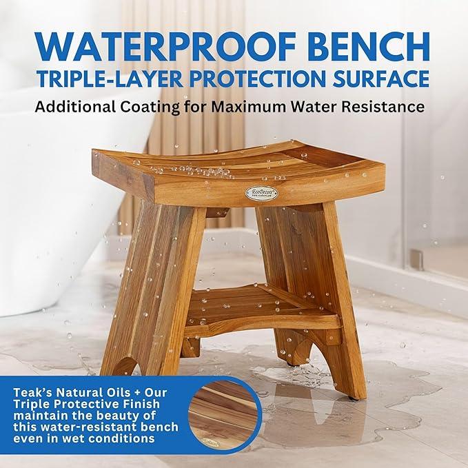 EcoDecors Teak Shower Bench with Shelf 18", 300 lb Capacity – Fully Assembled Waterproof Wood Spa Seating for Adults - Compact Fit for Small Bathrooms & Walk-in Showers - Slip-Resistant Feet - ModernBath