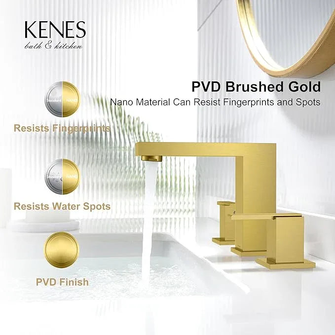 KENES Brushed Gold Widespread Bathroom Faucet 3 Hole Bathroom Sink Faucet Gold Two Handle, 8-Inch 3 Pieces Bathroom Vanity Faucet with Pop Up Drain & Supply Lines, KE-9050-4-P - ModernBath