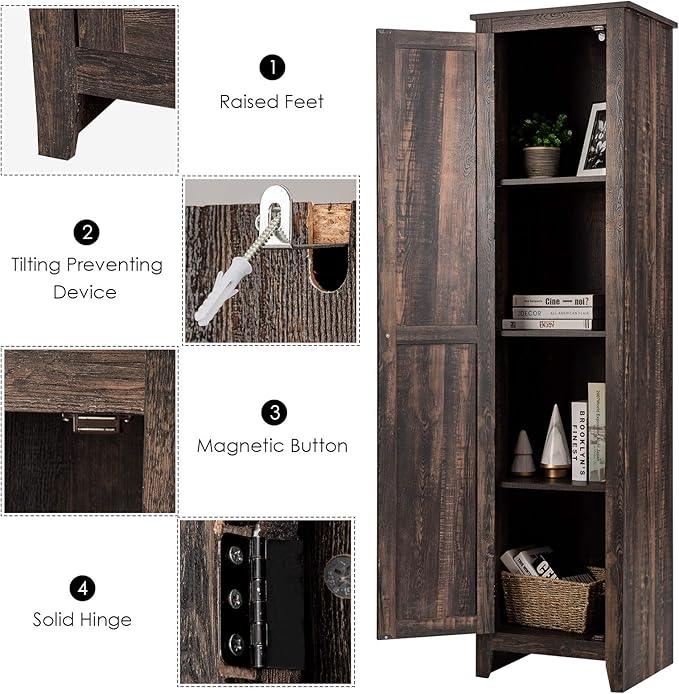 Giantex Tall Storage Cabinet Free Standing Floor Storage Tower with Four Shelves and Single Door, Narrow Cabinet for Bedroom, Living Room, Bathroom 17x16x72 Inch Utility Storage Cabinet (Coffee) - ModernBath