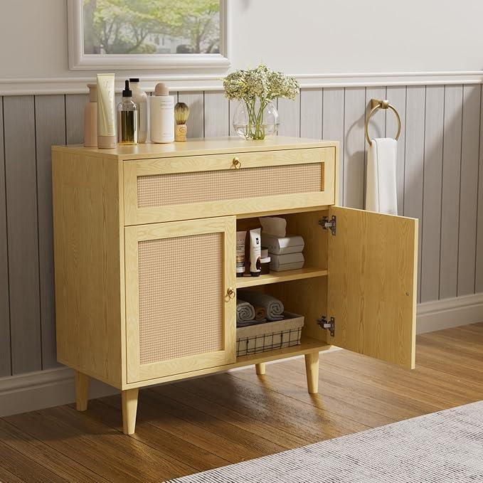 Storage Cabinet with Rattan Decor Doors & Drawer, Modern Bathroom Floor Storage Cabinet Organizer, Freestanding Cupboard for Kitchen/Living Room Use - ModernBath