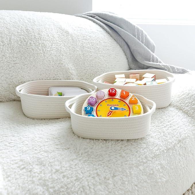 NaturalCozy 5-Piece Rectangle Storage Basket Set- Natural Cotton Rope Woven for Organizing! Small Basket for Montessori, Baby Nursery, Dog Toy Baskets, Cat Toy Box, Bathroom Organization Bin - ModernBath