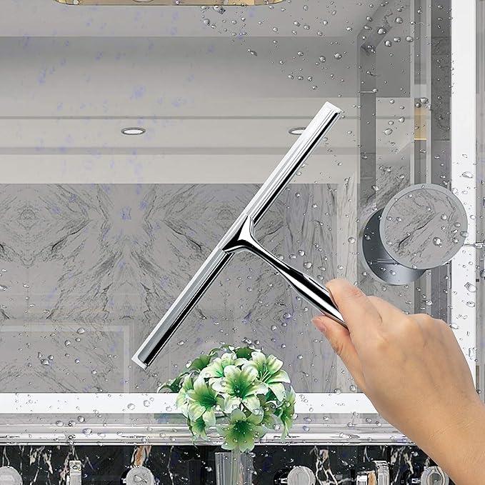 Ettori Shower Squeegee Clear Glass Wall Cleaner Stainless Steel with Suction Storage Hook -10'', Chrome - ModernBath