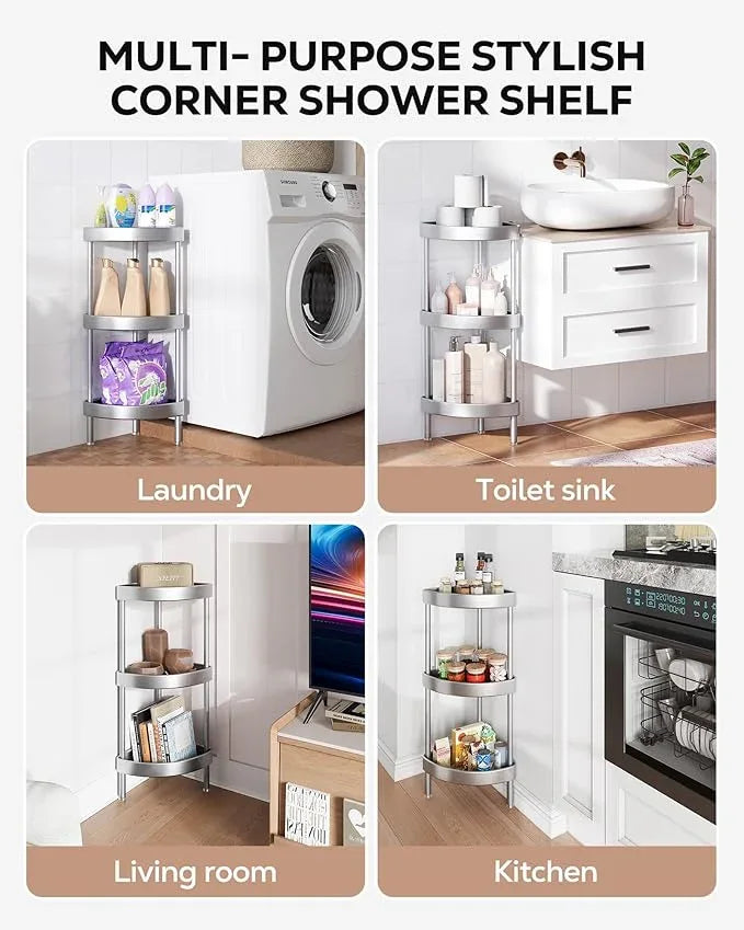 Nieifi Corner Shower Caddy Stand-3 Tier Rustproof Anodized Aluminum Standing Shower Organizer-Shower Caddy Corner-Dual Stability to Anti-Shaking-Height-Adjustable Legs for Uneven Surfaces-Silver - ModernBath