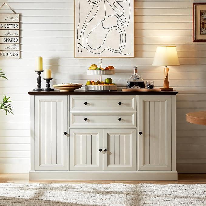 Farmhouse 58" Buffet Cabinet with Storage, 34" Tall Coffee Bar Cabinet w/2 Large Drawers & 4 Grooved Barn Doors, Wood Rustic Sideboard Buffet Cabinet for Dinning Room, Kitchen, Living Room,White - ModernBath