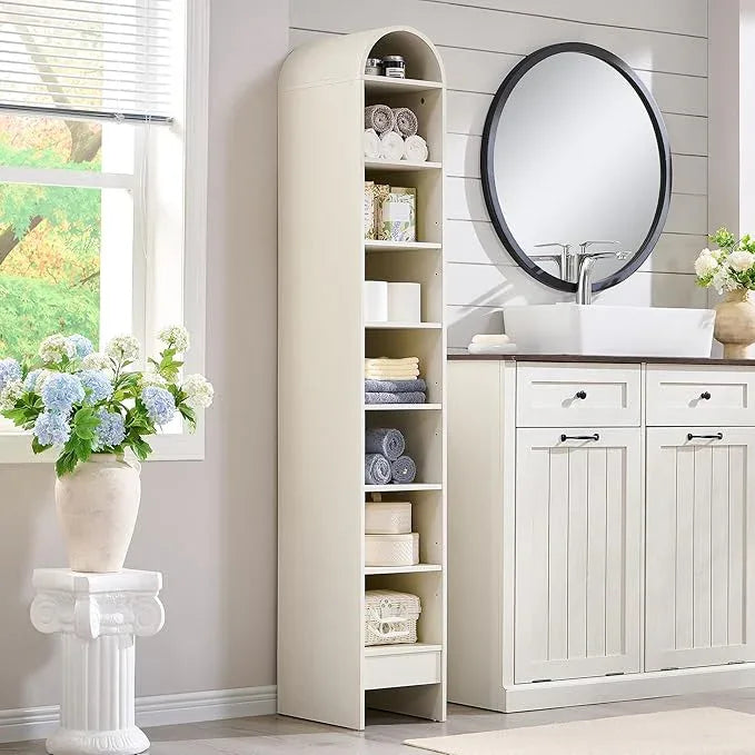 67" Tall Arched Bathroom Storage Cabinet, 8-Tier Modern Farmhouse Storage Cabinet with Adjustable Shelves, Wood Freestanding Cabinet for Bathroom, Living Room, Entryway, Hallway (Antique White) - ModernBath