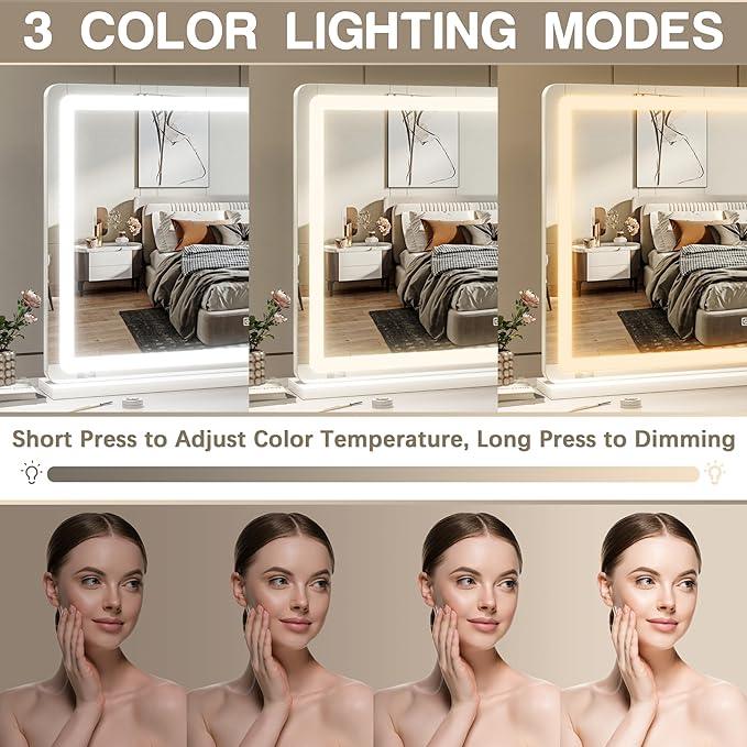 ROLOVE Vanity Mirror with Lights, 32" x 22" Large Lighted Vanity Mirror with Dimmable 3 Modes, LED Makeup Mirror, Touch Screen Control, USB Charging Port, Tabletop or Wall-Mounted - ModernBath