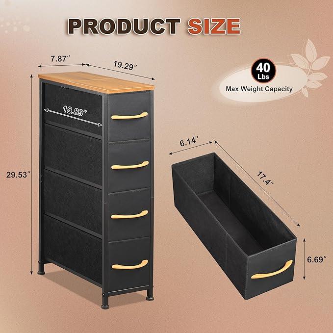 Narrow Dresser Storage Tower with 4 Drawers, Slim Dresser Chest of Drawers with Steel Frame, Wood Top, Dresser for Bedroom, Bathroom, Small Spaces, Laundry, Closet (Black) - ModernBath