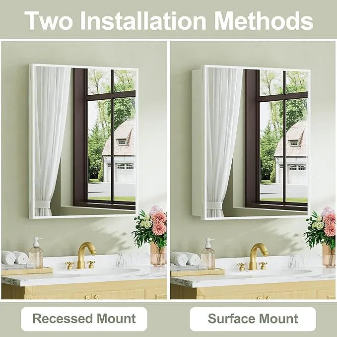 Buruis 24" x 30" Framed Medicine Cabinet with Mirror, Recessed or Wall Mounted Bathroom Cabinet, Adjustable Tempered Glass Shelves, Left/Right Open Reversible, No Assembly Required, White - ModernBath