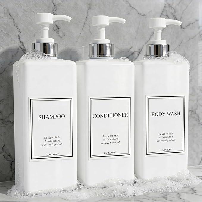 Shampoo and Conditioner Dispenser - Modern Design Large 27oz Shower Soap Dispenser Set of 3, Refillable Empty Plastic Pump Bottles for Bathroom, 6 Waterproof Labels Included, White & Silver - ModernBath