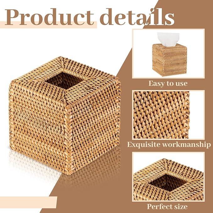 Kigley 1 Pcs Square Rattan Tissue Box Cover Boho Wicker Tissue Cube Box Cover 5.5'' x 5.5'' x 5.5'' Decorative Natural Wicker Hand Woven Napkin Box Holder Bathroom Office Car Accessories (Wood) - ModernBath