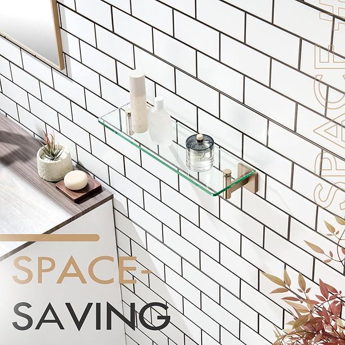 KOKOSIRI Wall Shelves Bathroom Hardware Glass Floating Shelf 16-Inch for Bedroom, Living Room, Kitchen, Hanging Rack Champagne Bronze B1105CPG-L16 - ModernBath