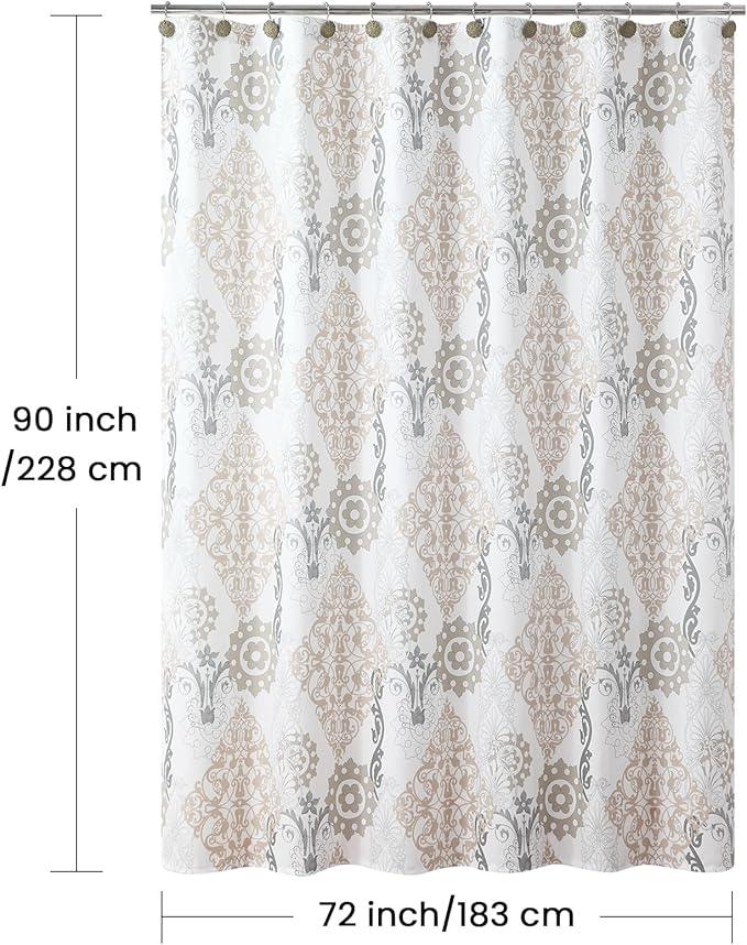BESTRIPES 90 Inch Fabric Shower Curtain, Extra Long White and Beige Boho Damask Print Shower Curtains for Bathroom, 72" W x 90" H - ModernBath