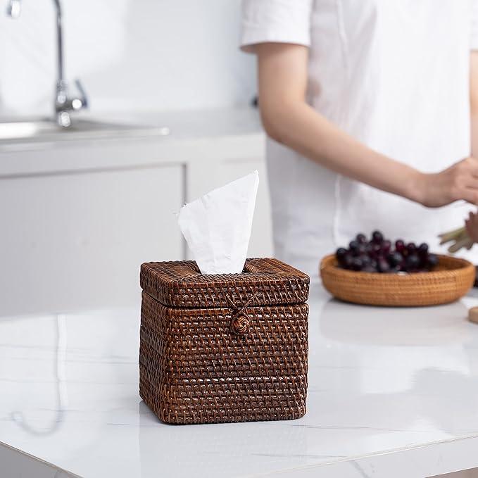 Rattan Square Tissue Box Cover- 5.7" x 5.7" x 5"-Decorative Woven Facial Tissue Holder with Hinged Top Lid- Facial Box for Home, Office,Bathrooms, Decoration (Coffee) - ModernBath