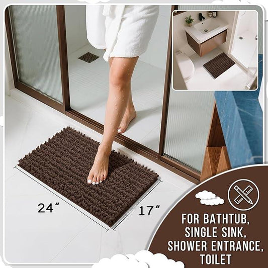 Yimobra Bathroom Rugs Non Slip Washable - Ultra Soft Absorbent Chenille Bath Mat, Quick Dry Shaggy Floor Carpet for Tub Shower, Brown Home Decor Accessories, 24x17 Inch - ModernBath