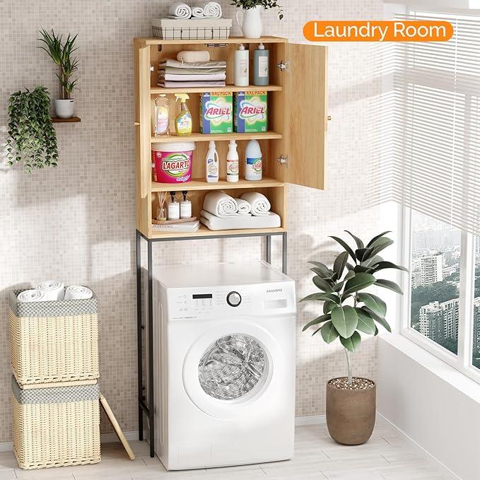 VINGLI Over The Toilet Storage Cabinet, Rattan Bathroom Organizer Behind Toilet,Above Metal Stand Rack Tall Freestanding Wood Cabinet with Wicker Doors,Adjustable Shelf for Bathroom,Restroom,Bohemian - ModernBath