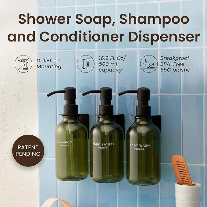 MaisoNovo Shampoo and Conditioner Dispenser - Shower Soap Dispenser Wall Mounted - 16.9 fl oz Set of 3 Green Plastic Bottles Black Pump - Shampoo Dispenser, Shower Dispenser - ModernBath